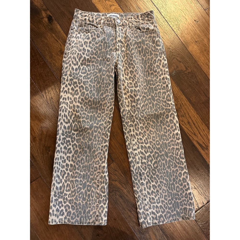 Disclosure Leopard Print Wide Leg Jeans Womens 7/28 Grey Tan Animal Print